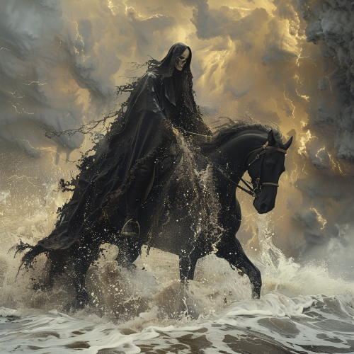 Cloaked Figure Riding Black Horse