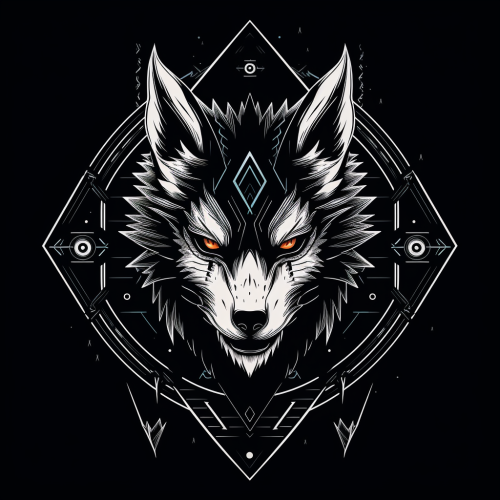 Black and white angry skull with wolf and circles