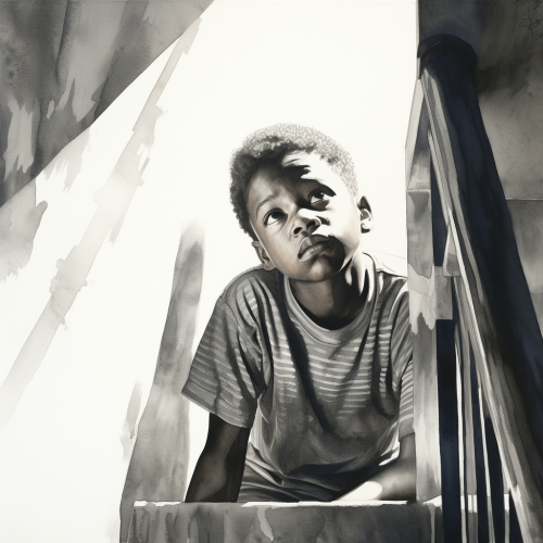 Black boy crying under stairwell
