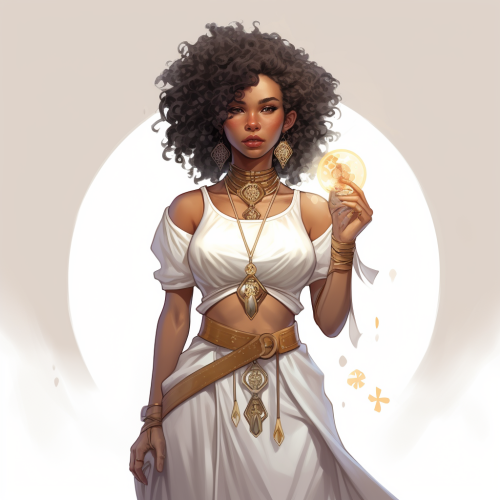 Black woman in white dress with small dagger