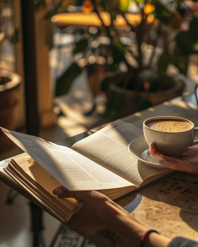 Person holding blank magazine in Spanish Cafe