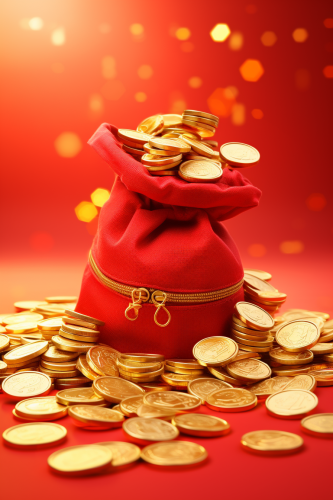 Chinese Style Blessing Bag overflowing with Gold Coins