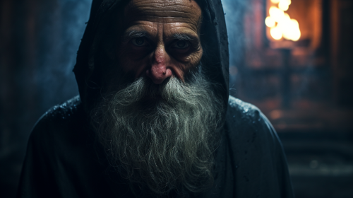 Image of a blind mystic monk expressing anger