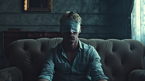 Blonde man tied on sofa