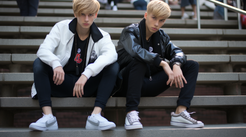 Two blond high school students sitting on stairs