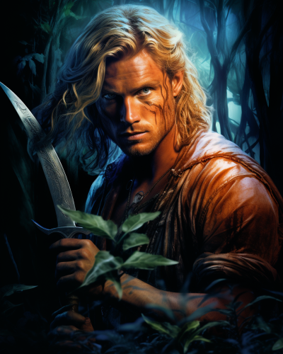 Aryan man in jungle holding weapon