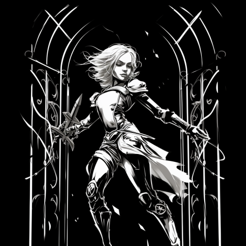 Smiling blonde female elven warrior with sword running