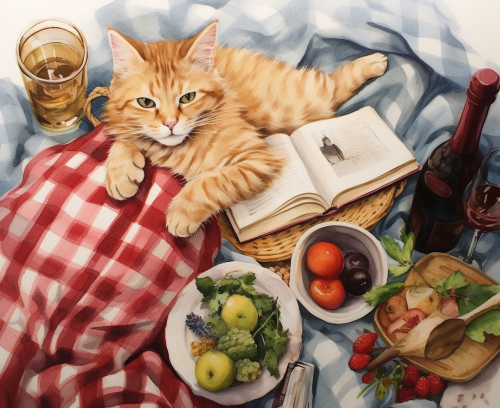 Watercolor painting of blonde French girl on picnic