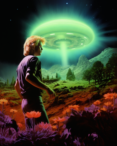 Blonde man with weapon and UFO
