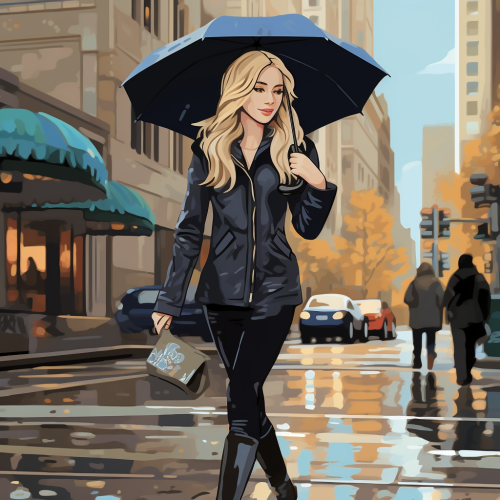 Blonde woman confidently walking in the rain