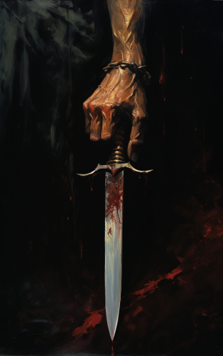 Man raising bloodstained sword in dark sky