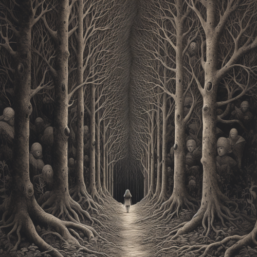 Whimsical forest with hiker