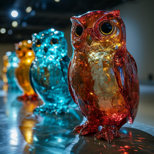 Blue and red owl sculptures art exhibition Blue and red owl sculptures art exhibition