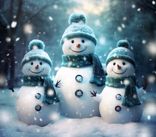 Three Sparkling Snowmen in Blue Hats