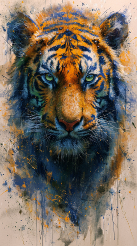 Blue Green Tiger Whimsical Watercolors