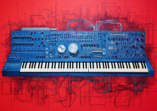 Blue ink on red background synthesizer schematic