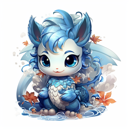 Adorable blue Japanese dragon in cute chibi anime style