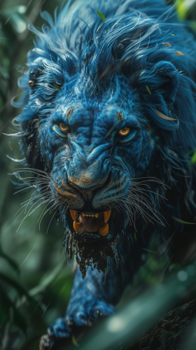 Blue Lion in Rainforest Growling