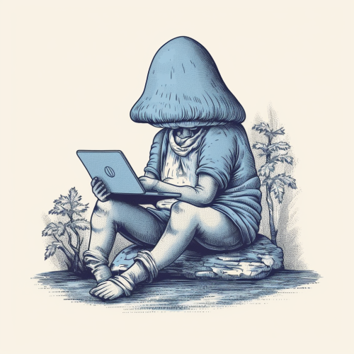 Adorable blue mushroom with laptop in lap Adorable blue mushroom with laptop in lap