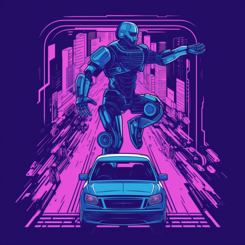 Excited blue and purple AI jumping into moving vehicle