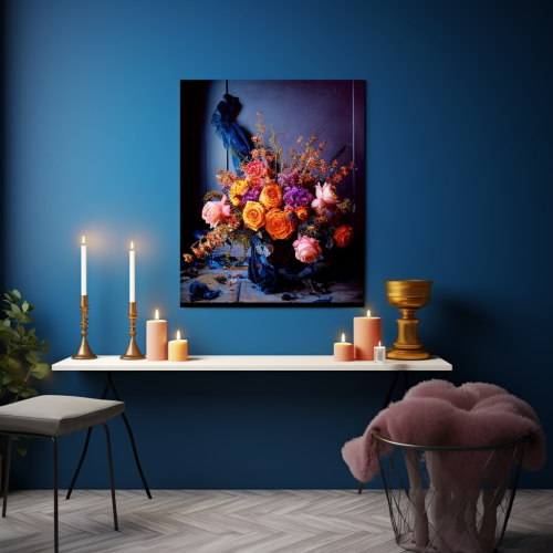 Colorful flower vase in blue room