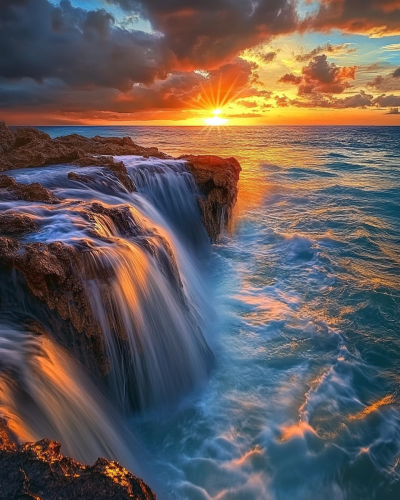 Beautiful Blue Sea Waterfall Sunset