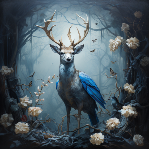 Blue songbirds on deer's antlers