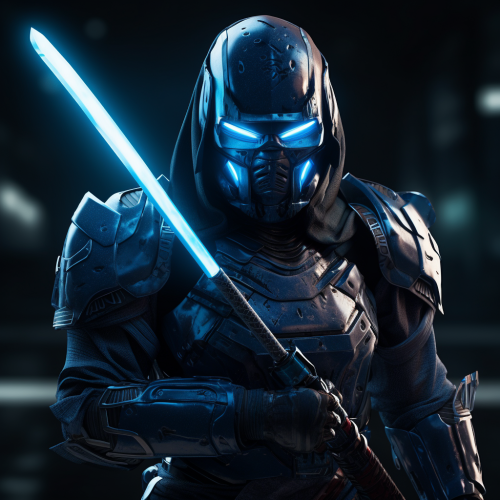 Cinematic blue vigilante with katanas