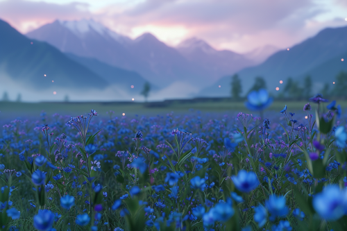 Blue wildflowers in Kashmir at dusk