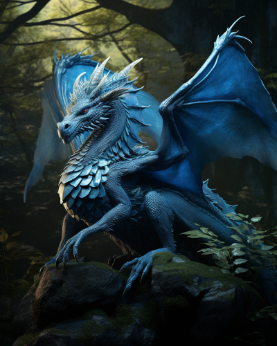 Blue Young Dragon in Magic Forest