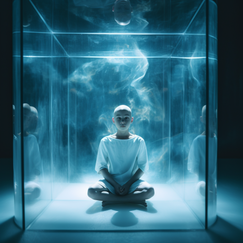 Bald Kid Meditating inside Glass Box on Blue Background