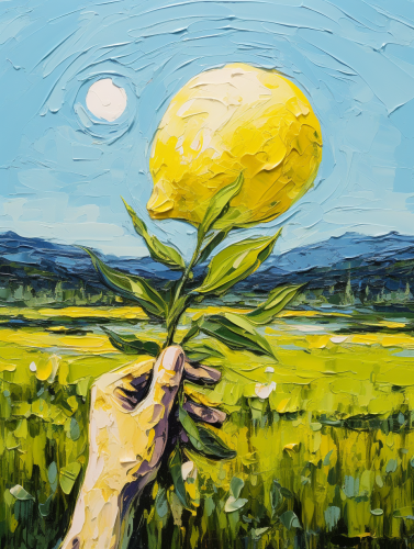 Colorful painting of a lemon in hand