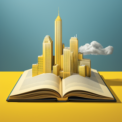 Skyscraper emerging from a book Skyscraper emerging from a book
