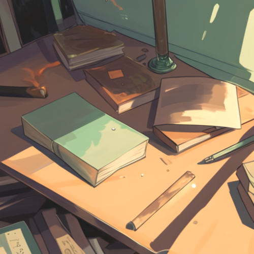 Artistic display of books, cigarettes, and paintings on a desk