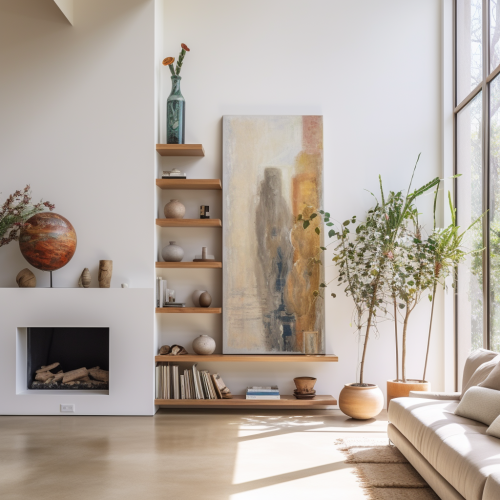 Modern bookshelf with plants, murano, and artwork Modern bookshelf with plants, murano, and artwork