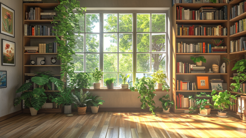 Bookshelves, wall art, window, plants