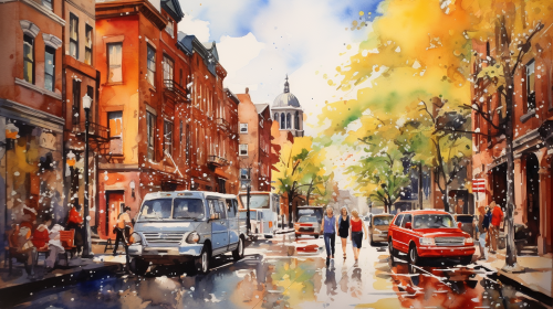 Vibrant watercolor painting of Boston's North End