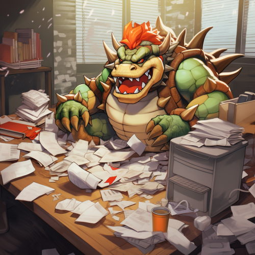 Clumsy Bowser struggling with his office tasks.