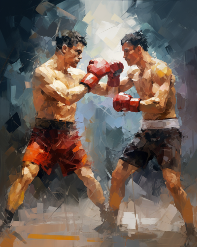 Two muscular boxers engaged in a fight