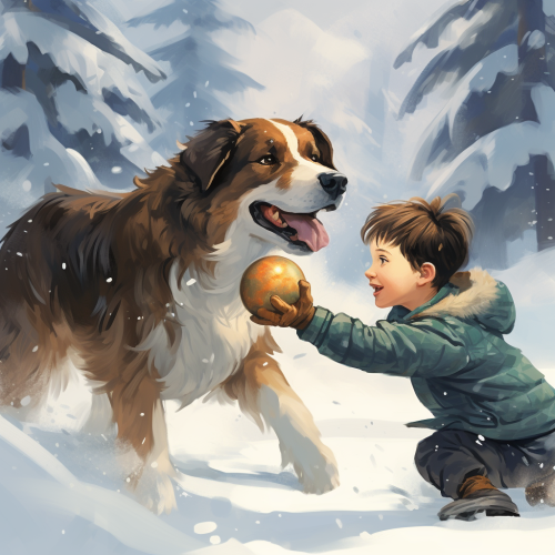 Boy and Australian Shepherd Snowball Fight