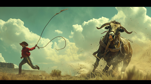 Boy riding horse throwing lasso