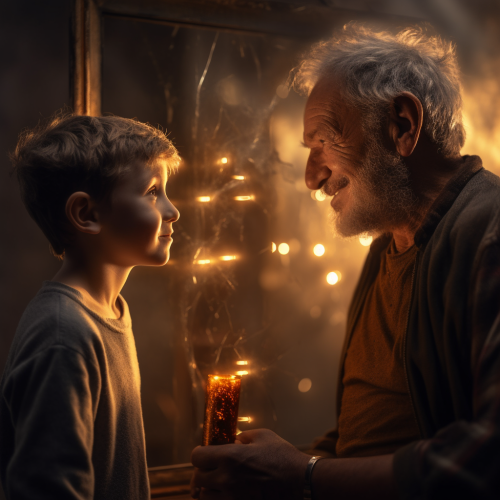 Boy looking at glass reflection