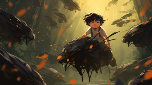 Illustration of a little boy riding a giant bug in a gloomy forest