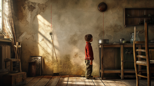 Small boy growing against wall at home