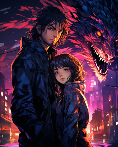 Anime-style boy with supermodel girl and dragon