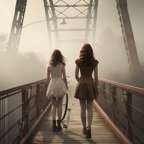 Young woman on bicycle approaching bridge