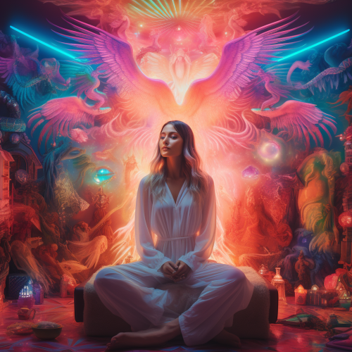 Beautiful woman glowing in vibrant room Beautiful woman glowing in vibrant room