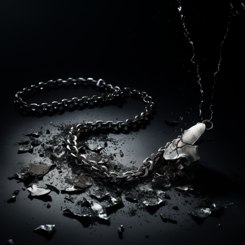 Broken silver necklace on dark surface