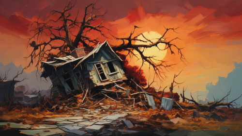 Scenic Broken Tree and Small House