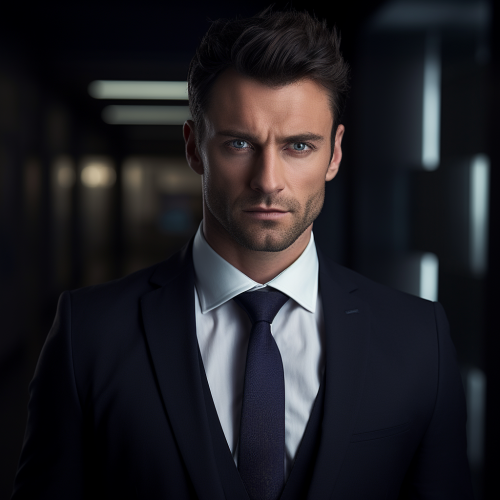 Handsome businessman in dark suit standing in office